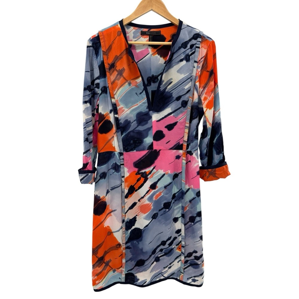 BCBGMAXAZRIA Silk Abstract Print Tunic Dress 12 V-Neck Painterly Mod Retro